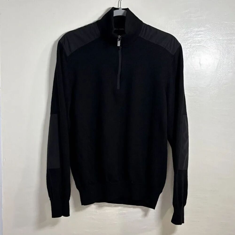 Michael Kors Men's Black Pullover 100% Merino Wool Sweater Size Large 1/4 Zip